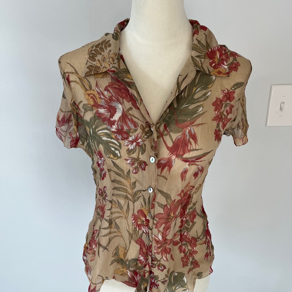 Floral Button-Up Sheer Top charter club silk